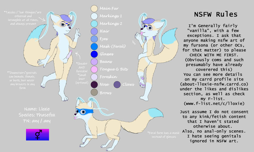 NSFW reference sheet of Lloxie with male genitalia.